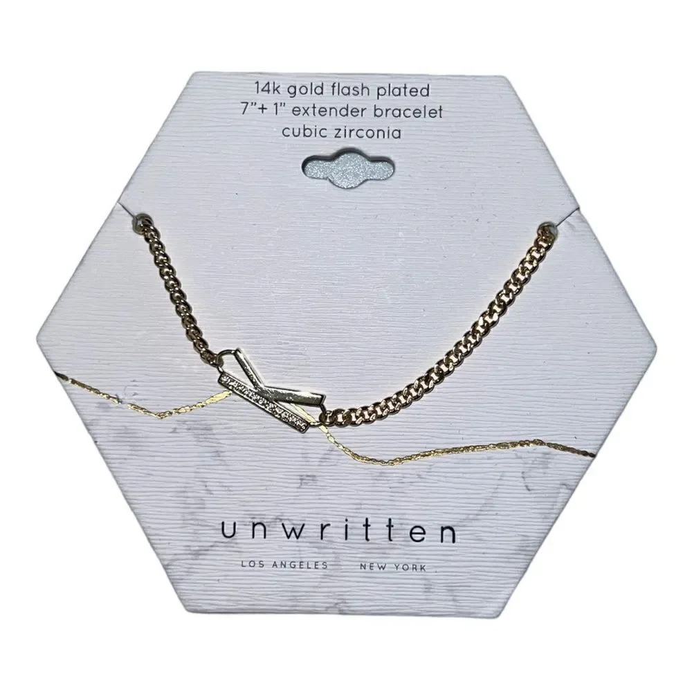 Unwritten Cubic Zirconia Initial Link Bracelet 14K Gold Plated 